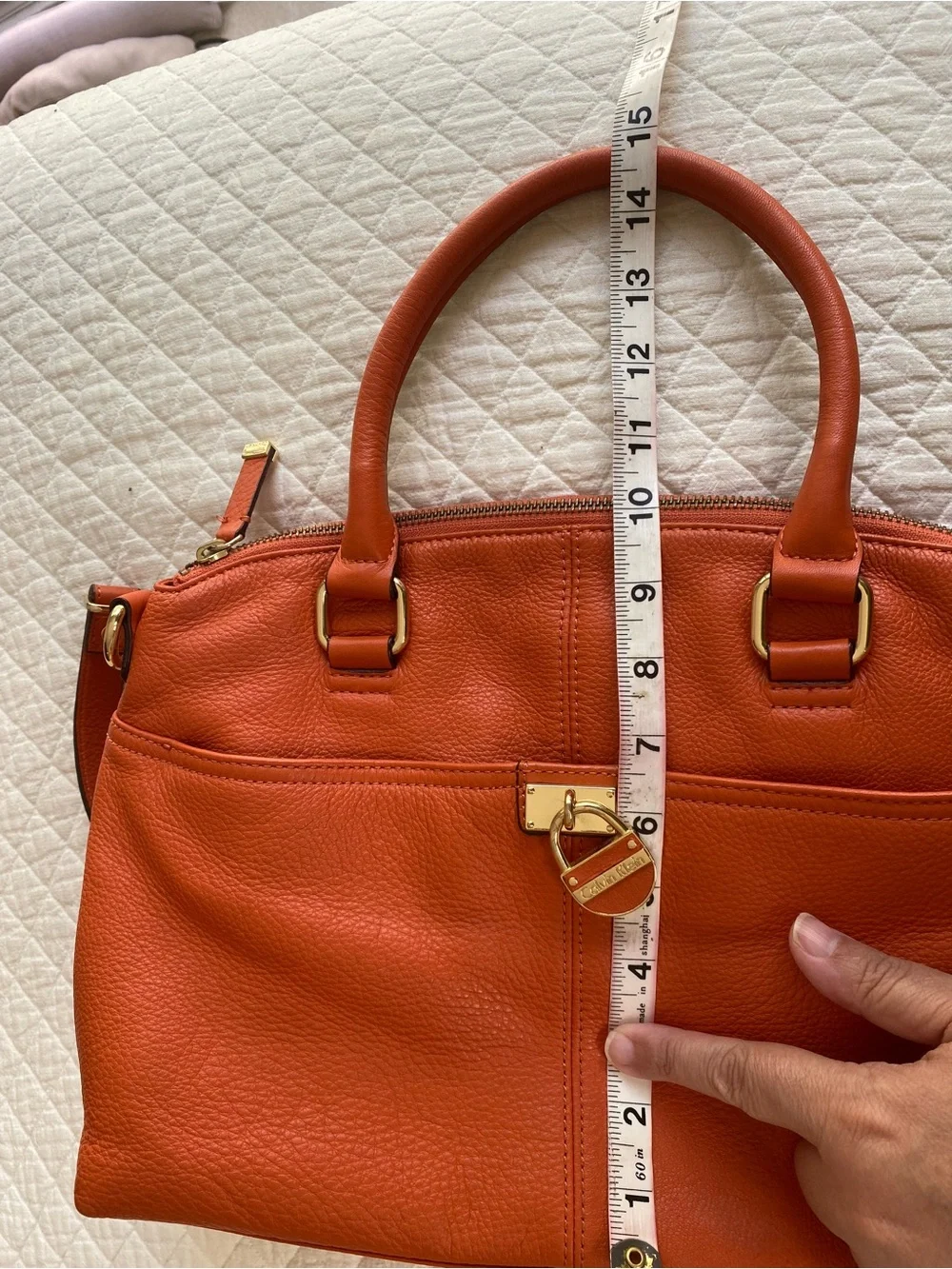 Calvin Klein Burt Orange Leather Satchel Tote Removable Strap Classic Bag Autumn